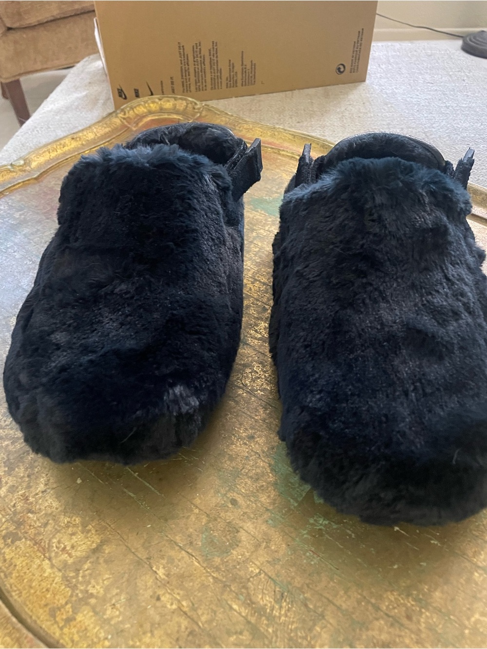 Nike Plush Black Faux Fur Slip-On Slippers